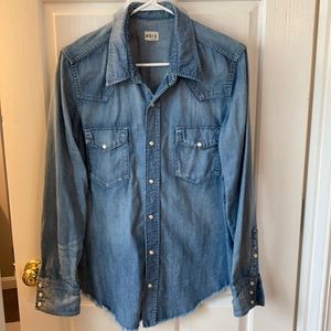 Gently used, denim shirt by ABLE with white Pearl snap buttons. Size XL